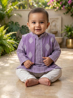 Kinder Kids Boys Purple Printed Pure Cotton Stripped Kurta with Jacket and White Pajama
