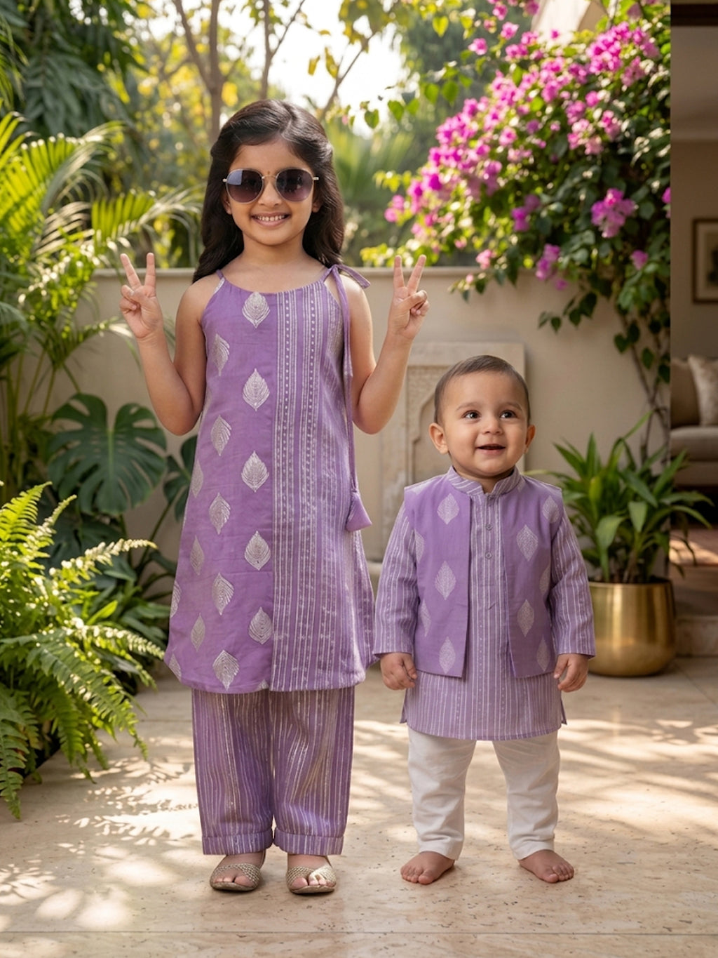 Kinder Kids Boys Purple Printed Pure Cotton Stripped Kurta with Jacket and White Pajama