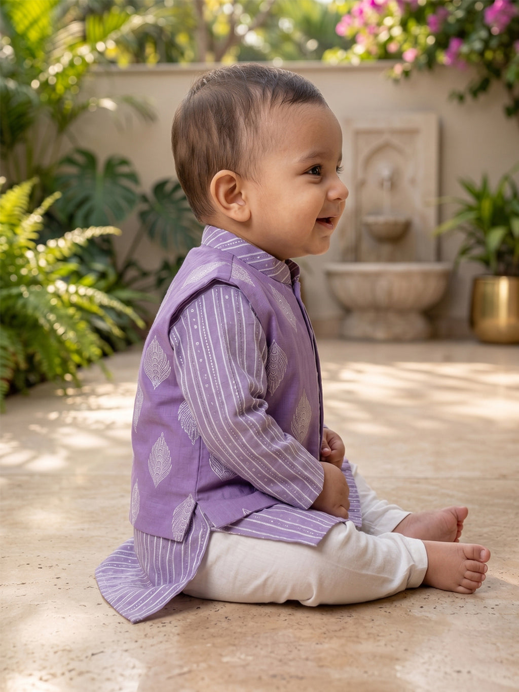 Kinder Kids Boys Purple Printed Pure Cotton Stripped Kurta with Jacket and White Pajama