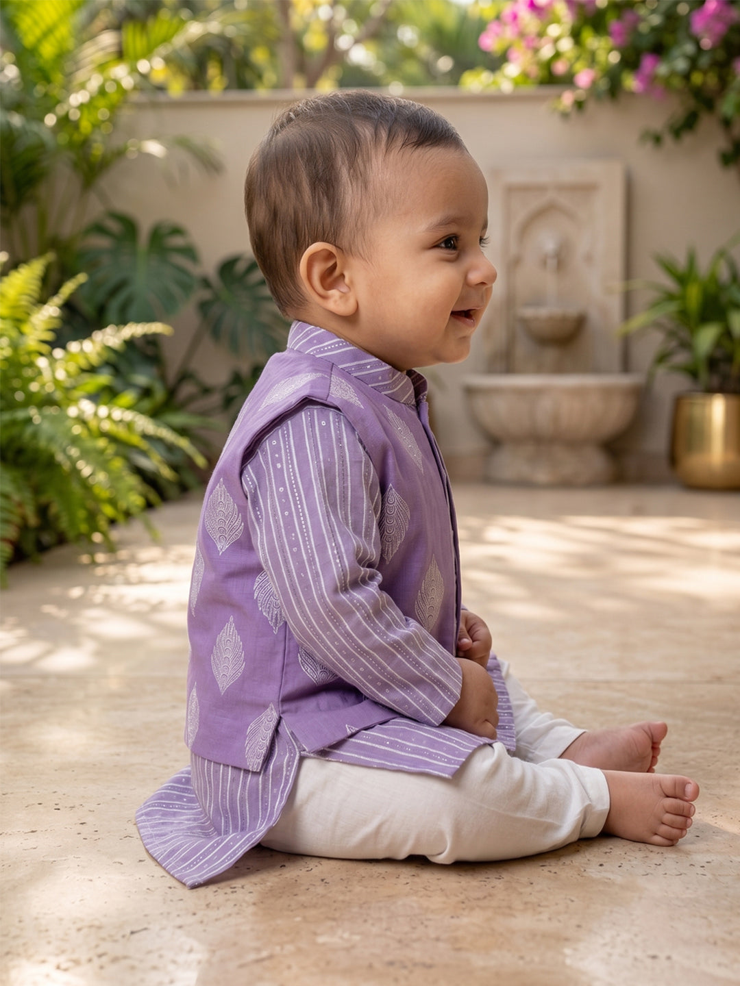 Kinder Kids Boys Purple Printed Pure Cotton Stripped Kurta with Jacket and White Pajama