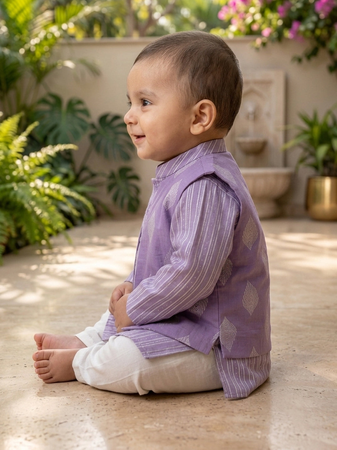 Kinder Kids Boys Purple Printed Pure Cotton Stripped Kurta with Jacket and White Pajama