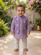 Kinder Kids Boys Purple Printed Pure Cotton Stripped Kurta with Jacket and White Pajama