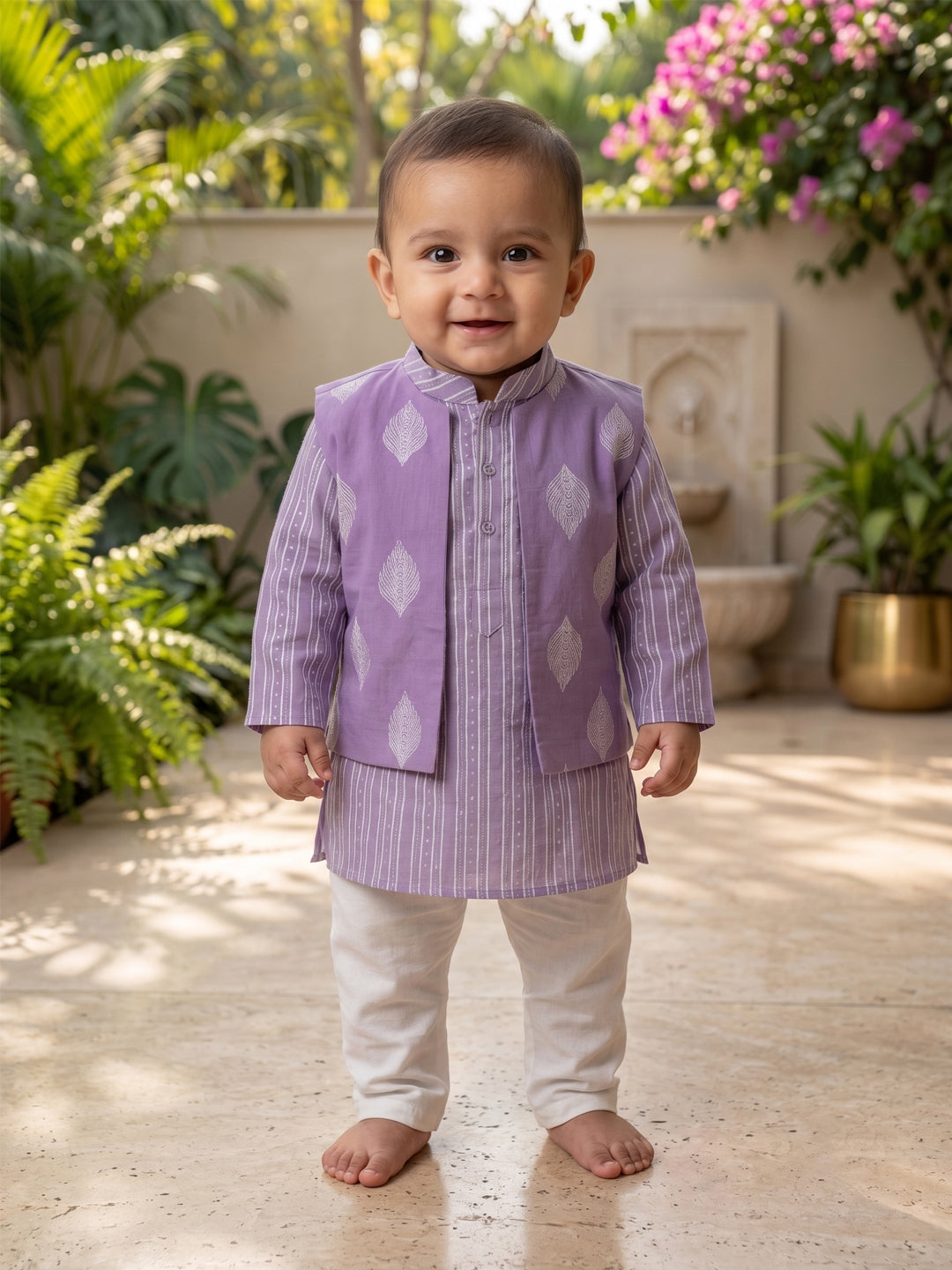 Kinder Kids Boys Purple Printed Pure Cotton Stripped Kurta with Jacket and White Pajama