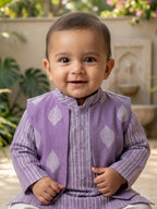 Kinder Kids Boys Purple Printed Pure Cotton Stripped Kurta with Jacket and White Pajama