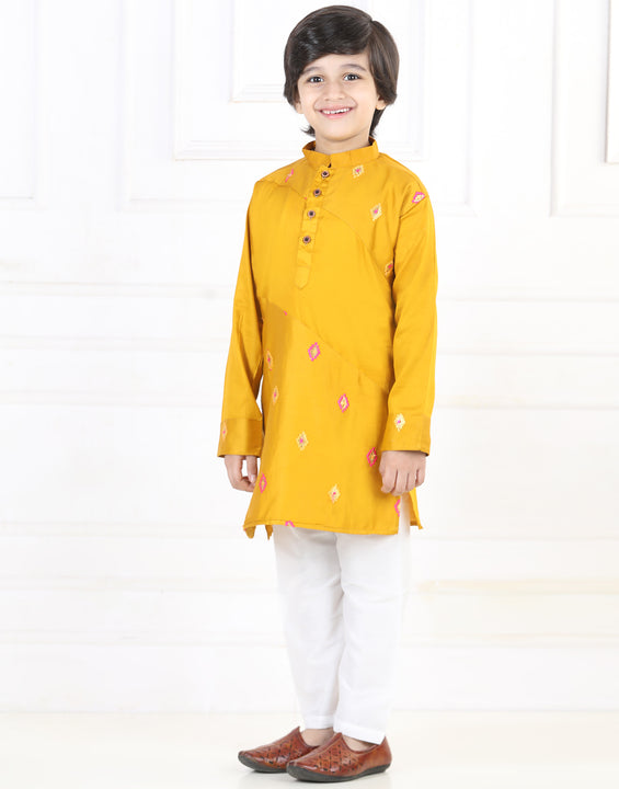 Yellow Embroidered patch work Kurta Set