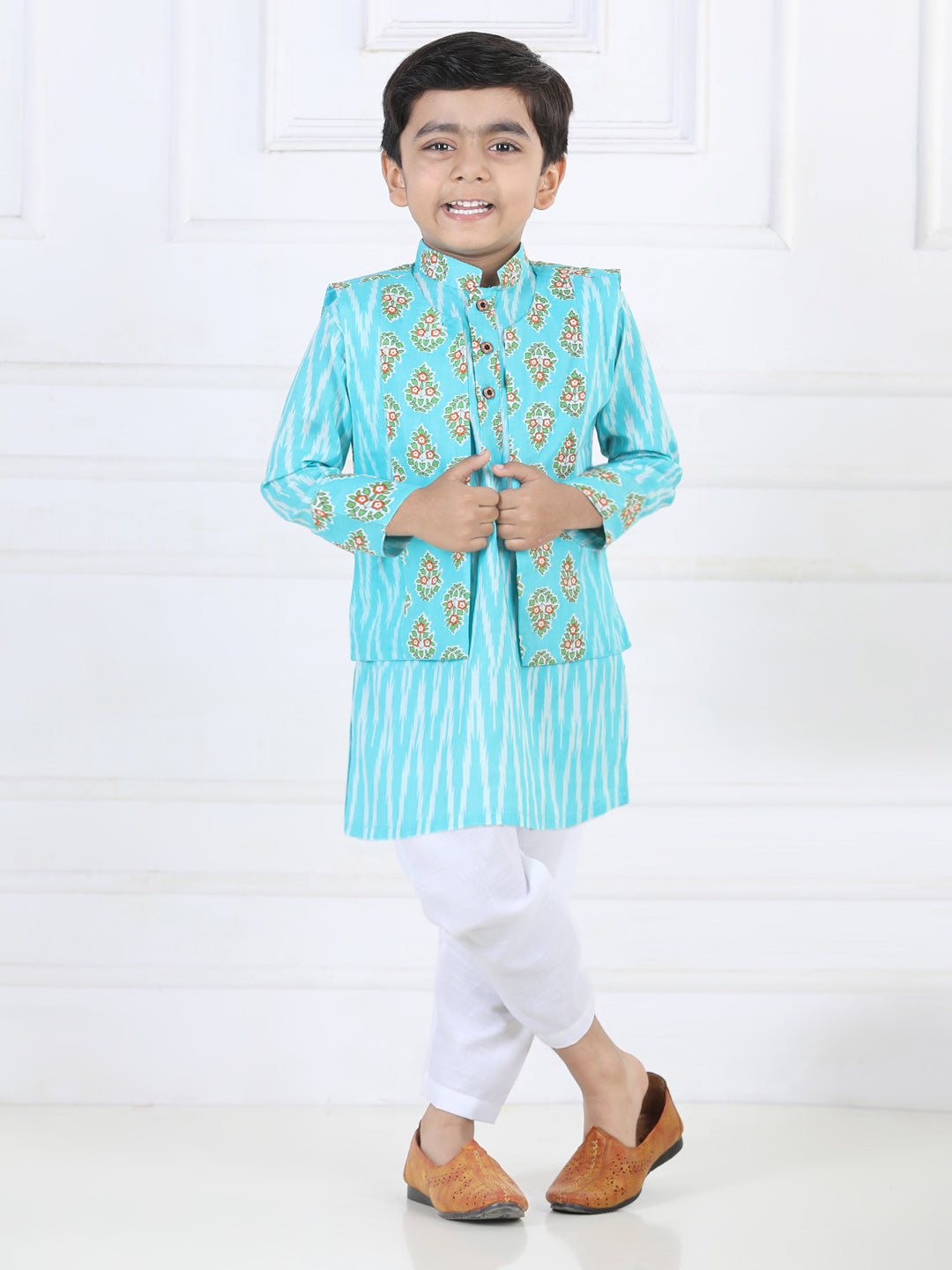 Blue Ikkat Kurta with Floral printed Jacket Set