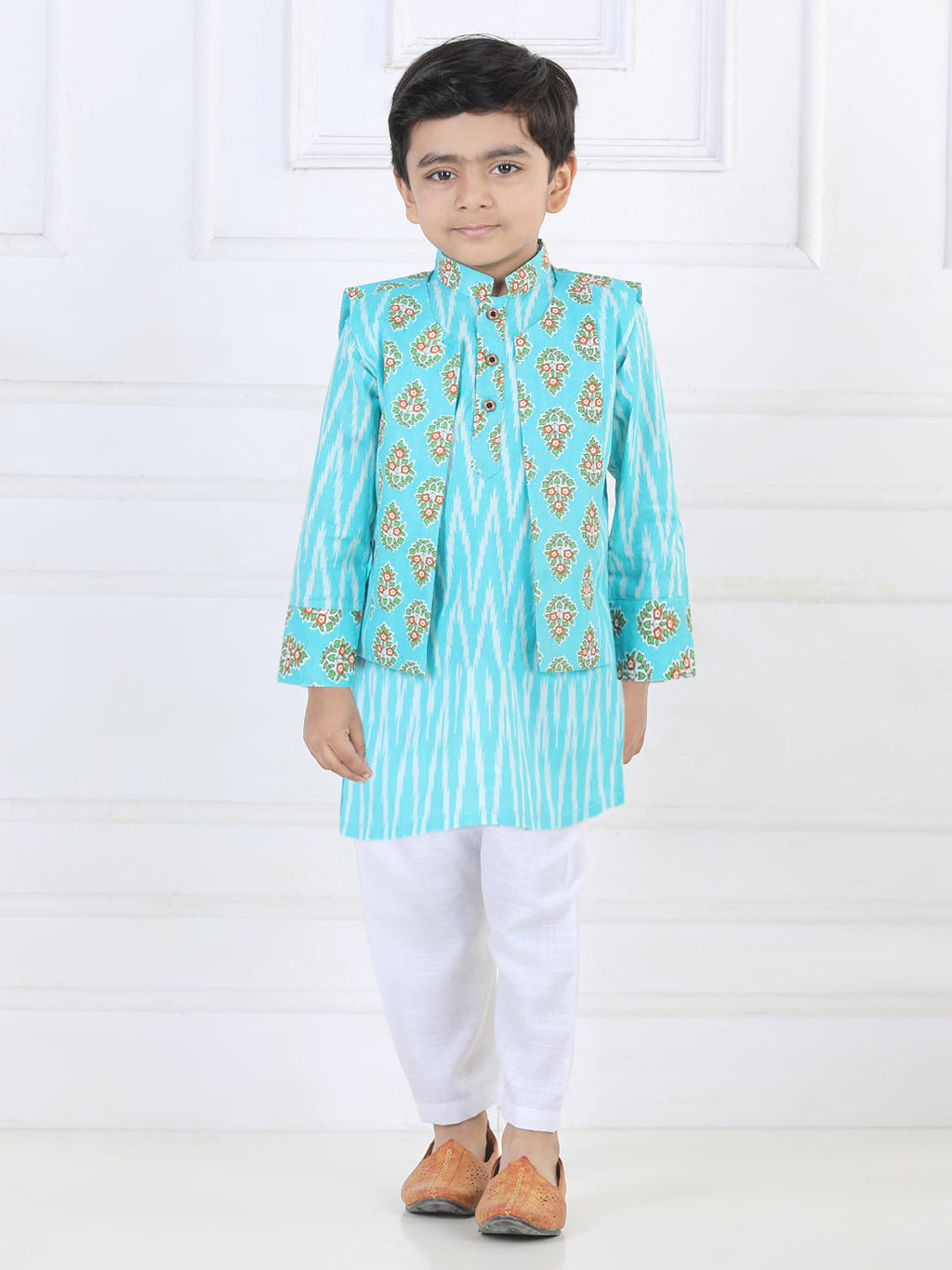 Blue Ikkat Kurta with Floral printed Jacket Set