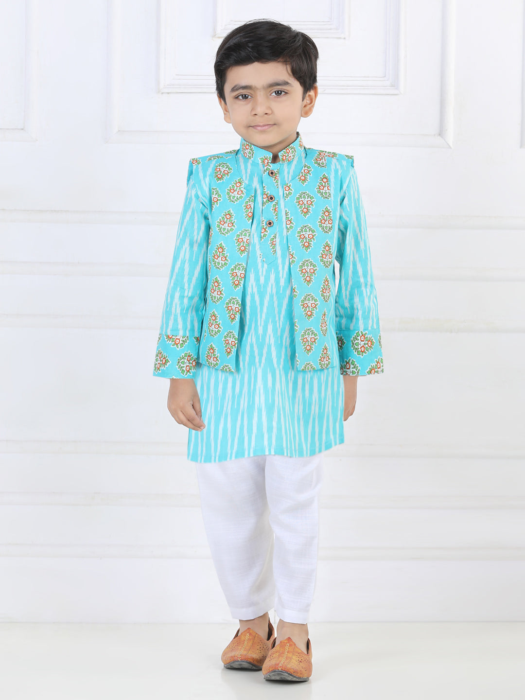 Blue Ikkat Kurta with Floral printed Jacket Set