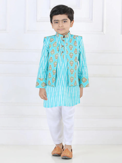 Blue Ikkat Kurta with Floral printed Jacket Set