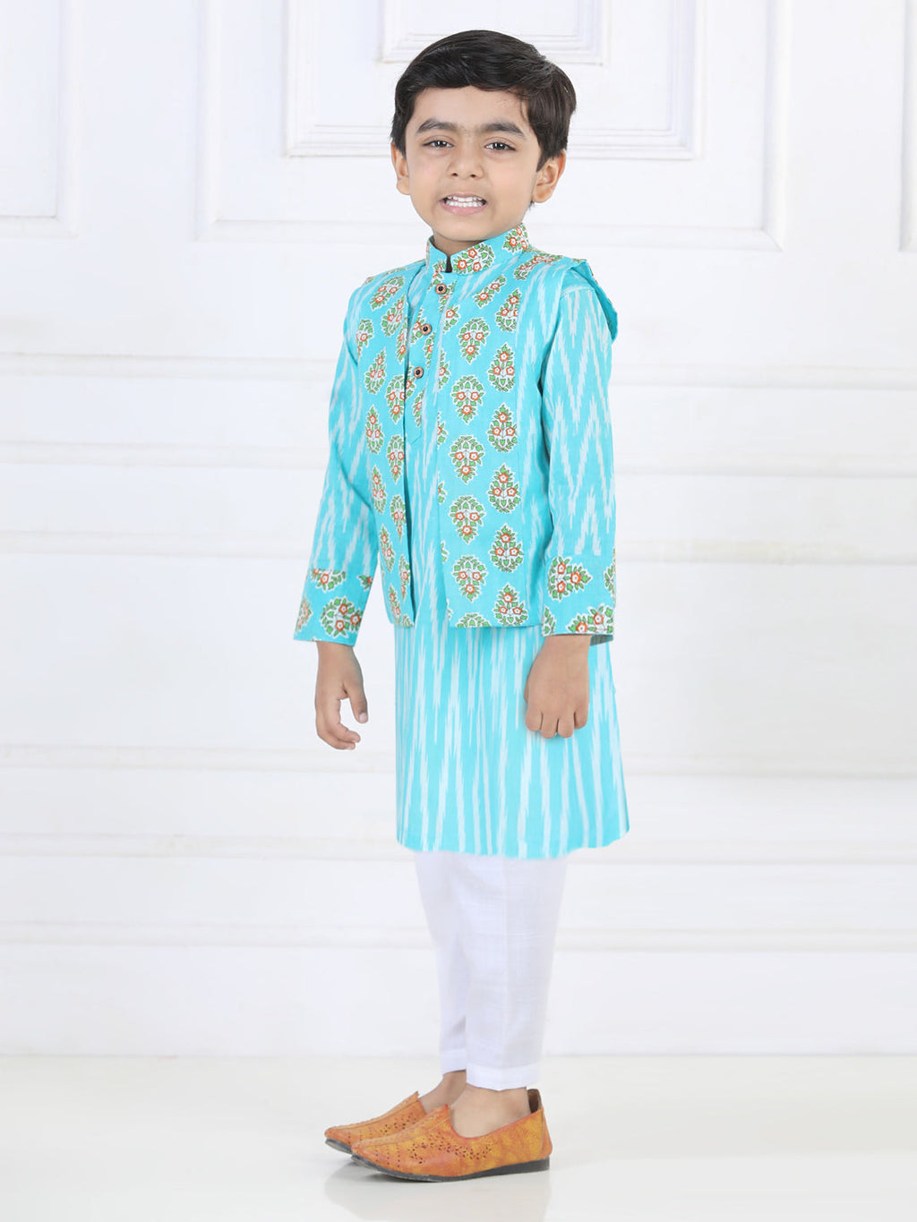 Blue Ikkat Kurta with Floral printed Jacket Set