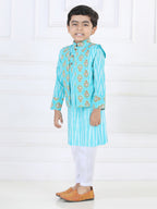 Blue Ikkat Kurta with Floral printed Jacket Set
