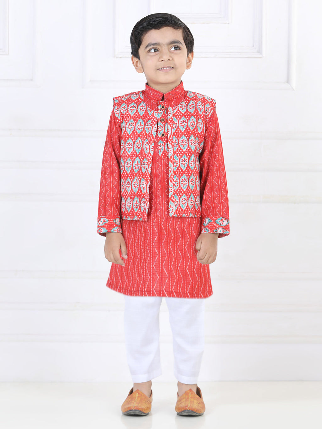 Red Katha Kurta with Floral printed Jacket Set