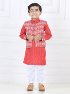 Red Katha Kurta with Floral printed Jacket Set