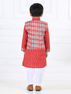 Red Katha Kurta with Floral printed Jacket Set