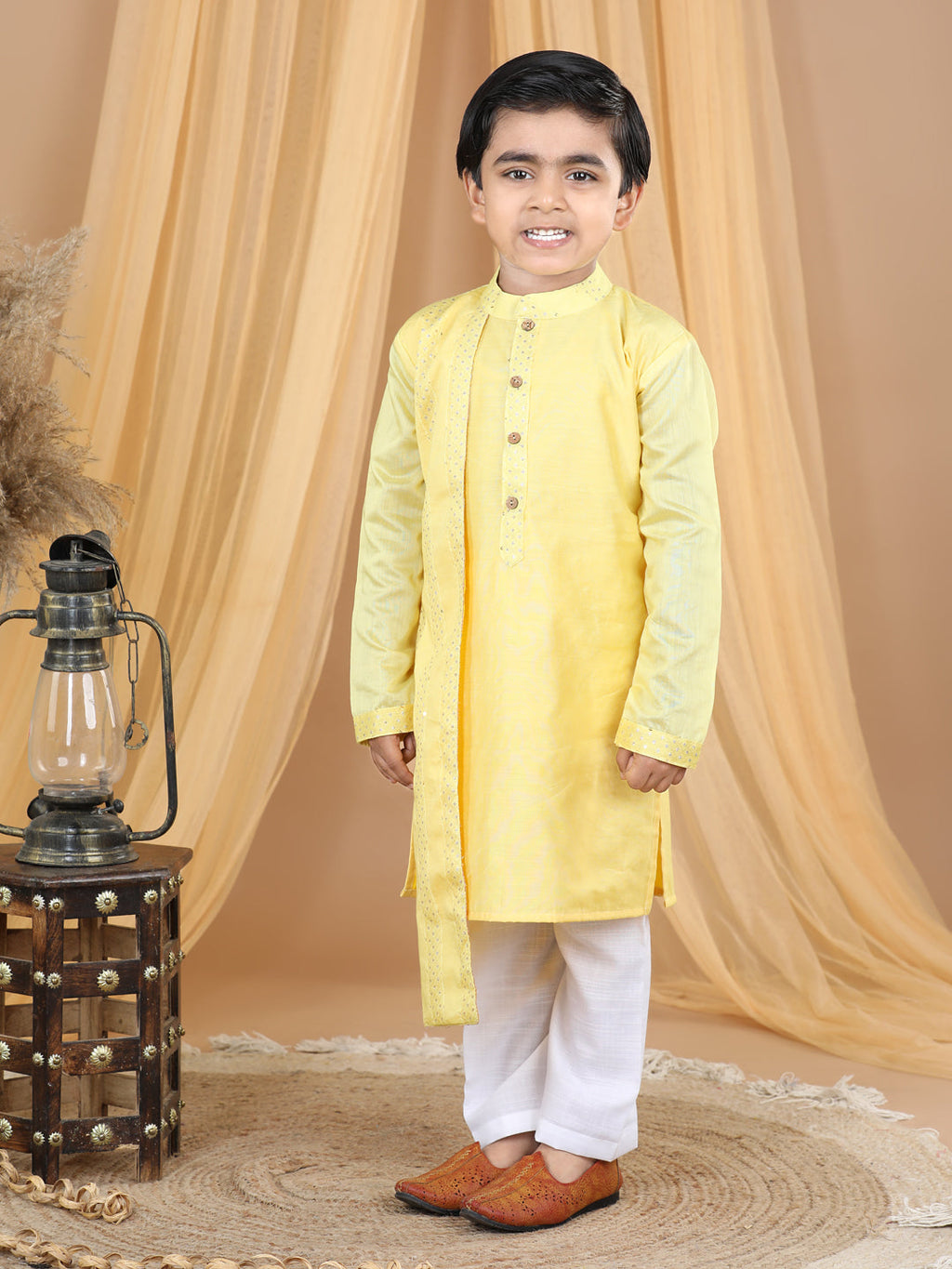 Yellow  Embroidered High Kurta Set