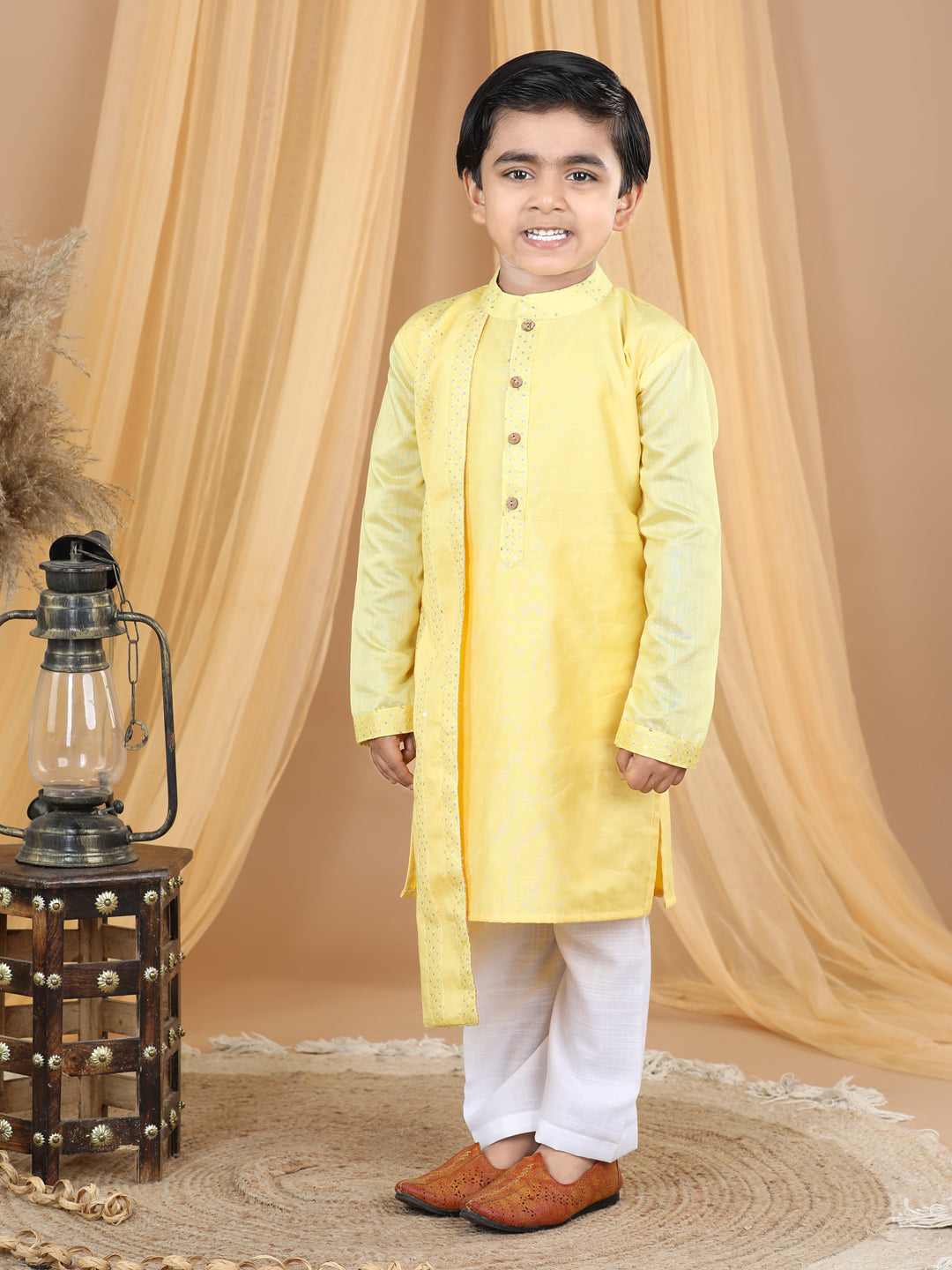 Yellow  Embroidered High Kurta Set