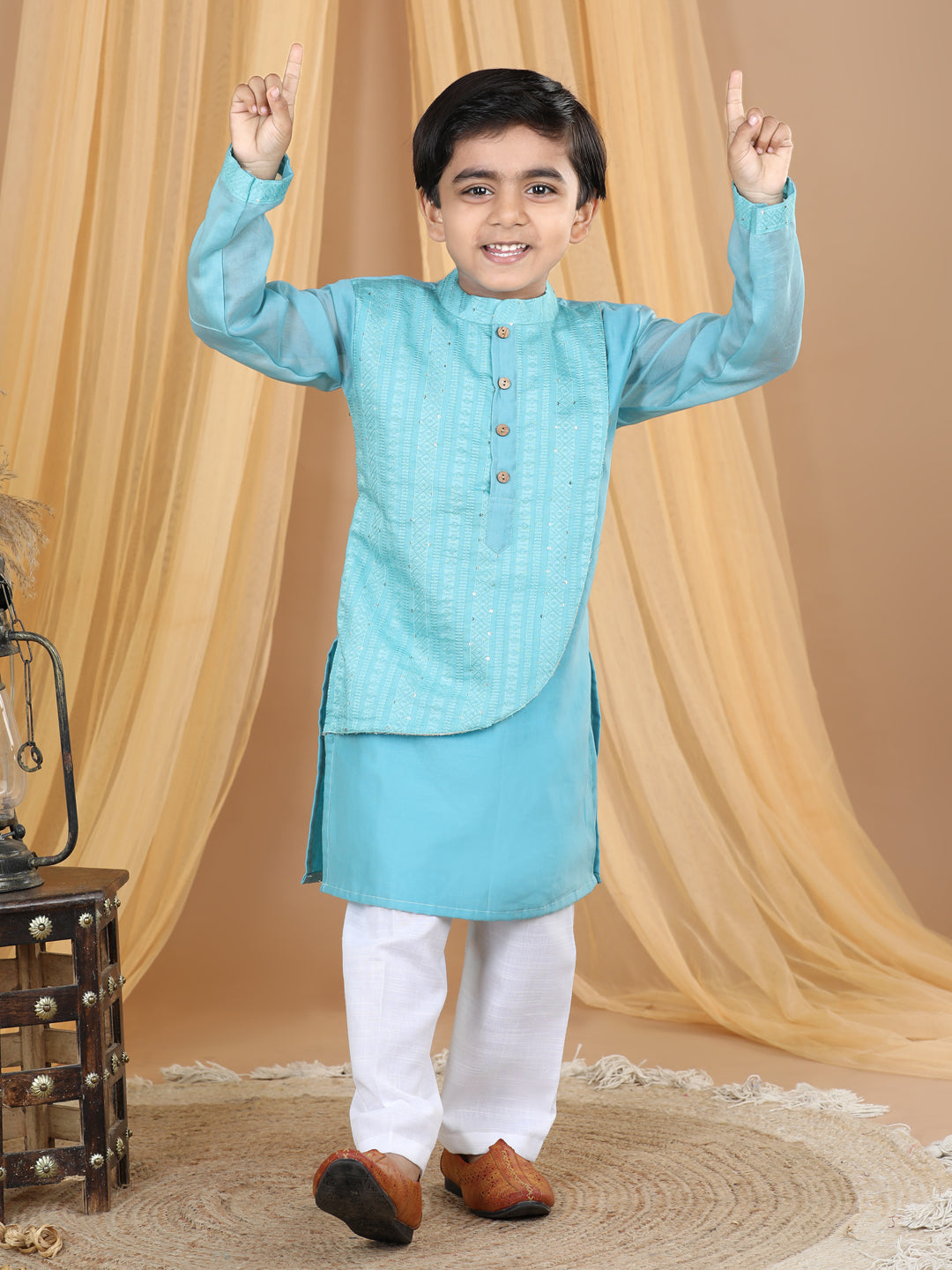 Blue Embroidered Overlap Designed Kurta Set