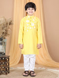 Yellow Striped Kurta with Floral Patch Kurta Set
