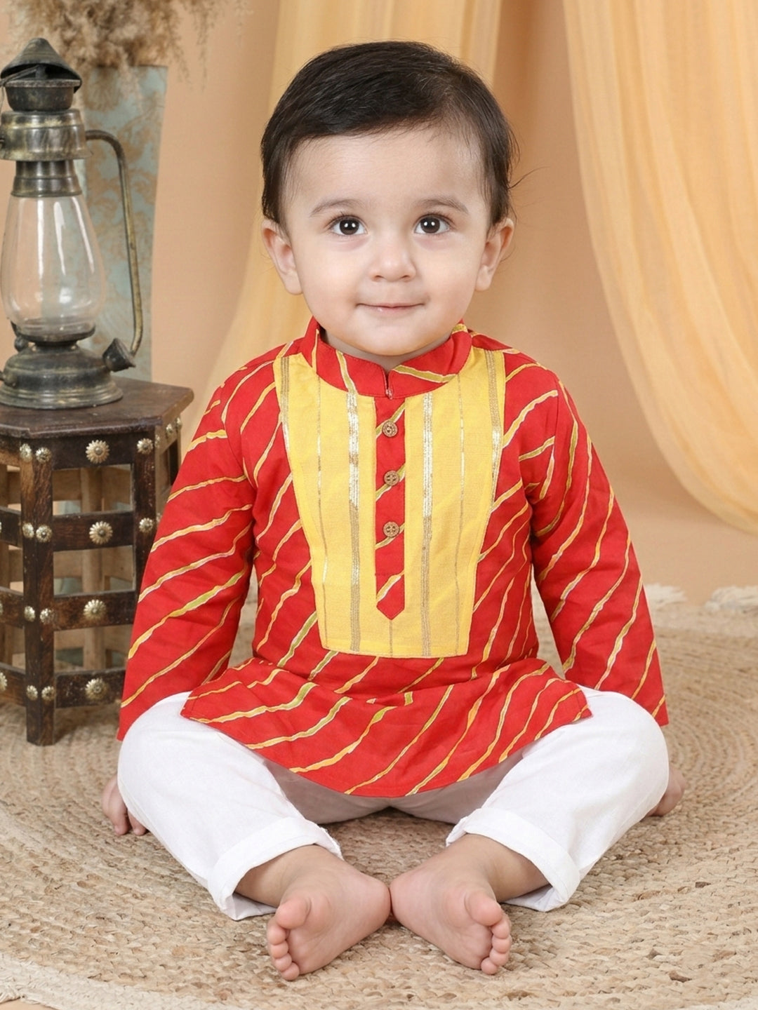 Cotton Leheriya Kurta with  Patch Detailing & Pyjama Set