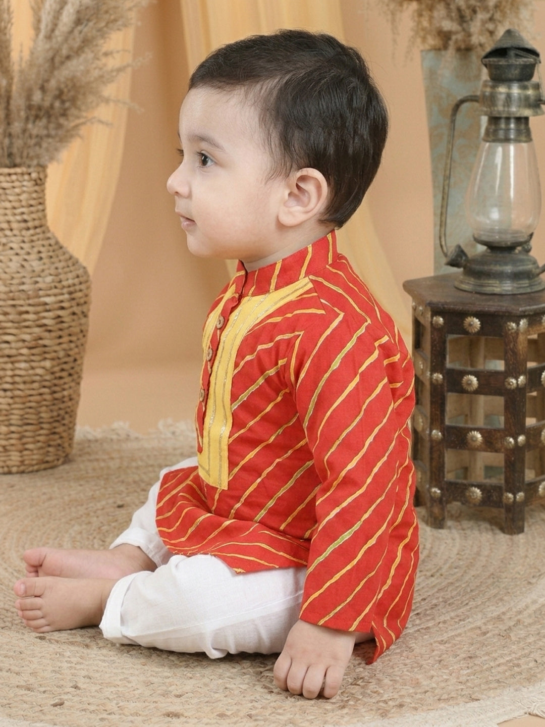 Cotton Leheriya Kurta with  Patch Detailing & Pyjama Set