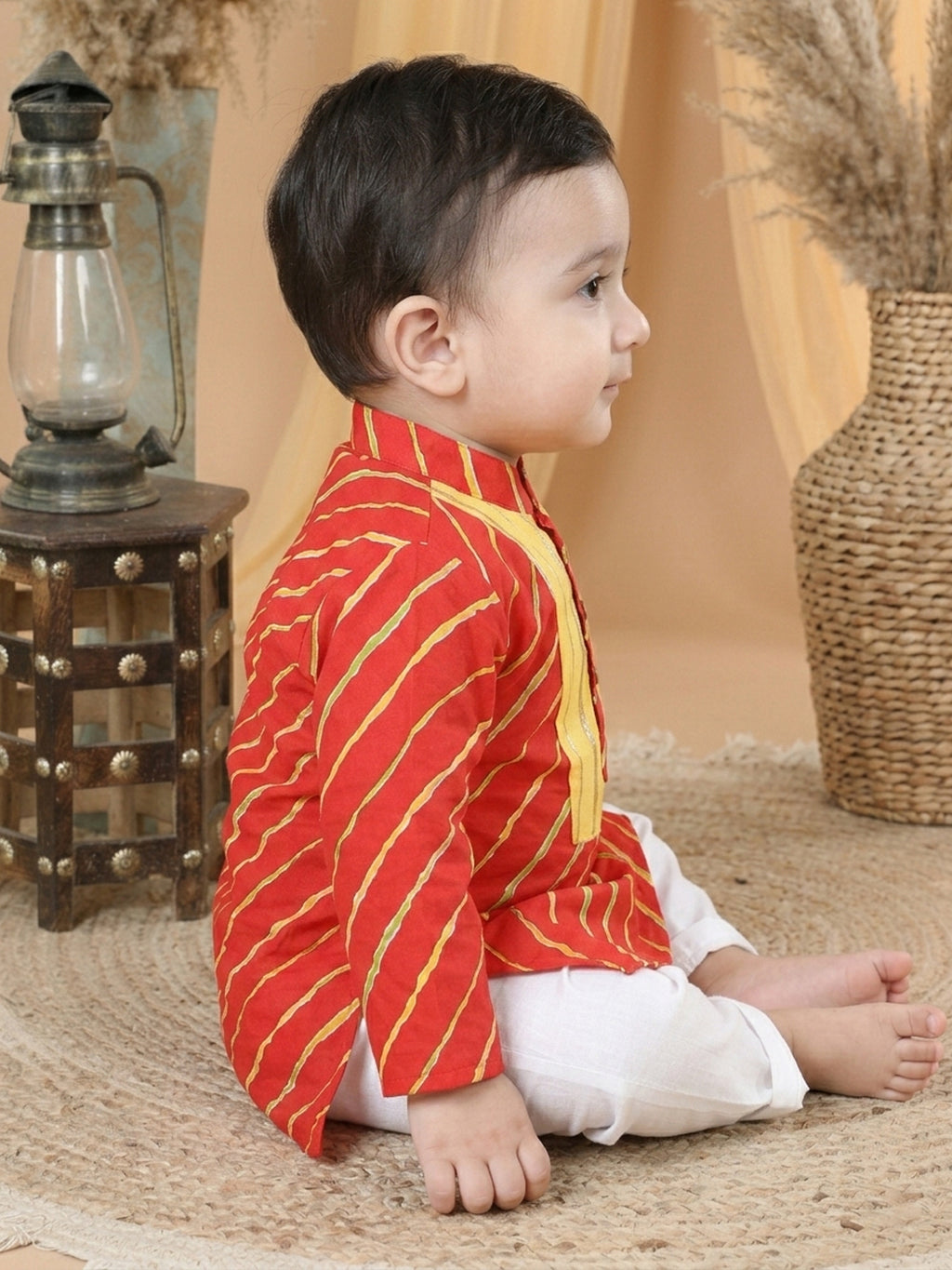 Cotton Leheriya Kurta with  Patch Detailing & Pyjama Set