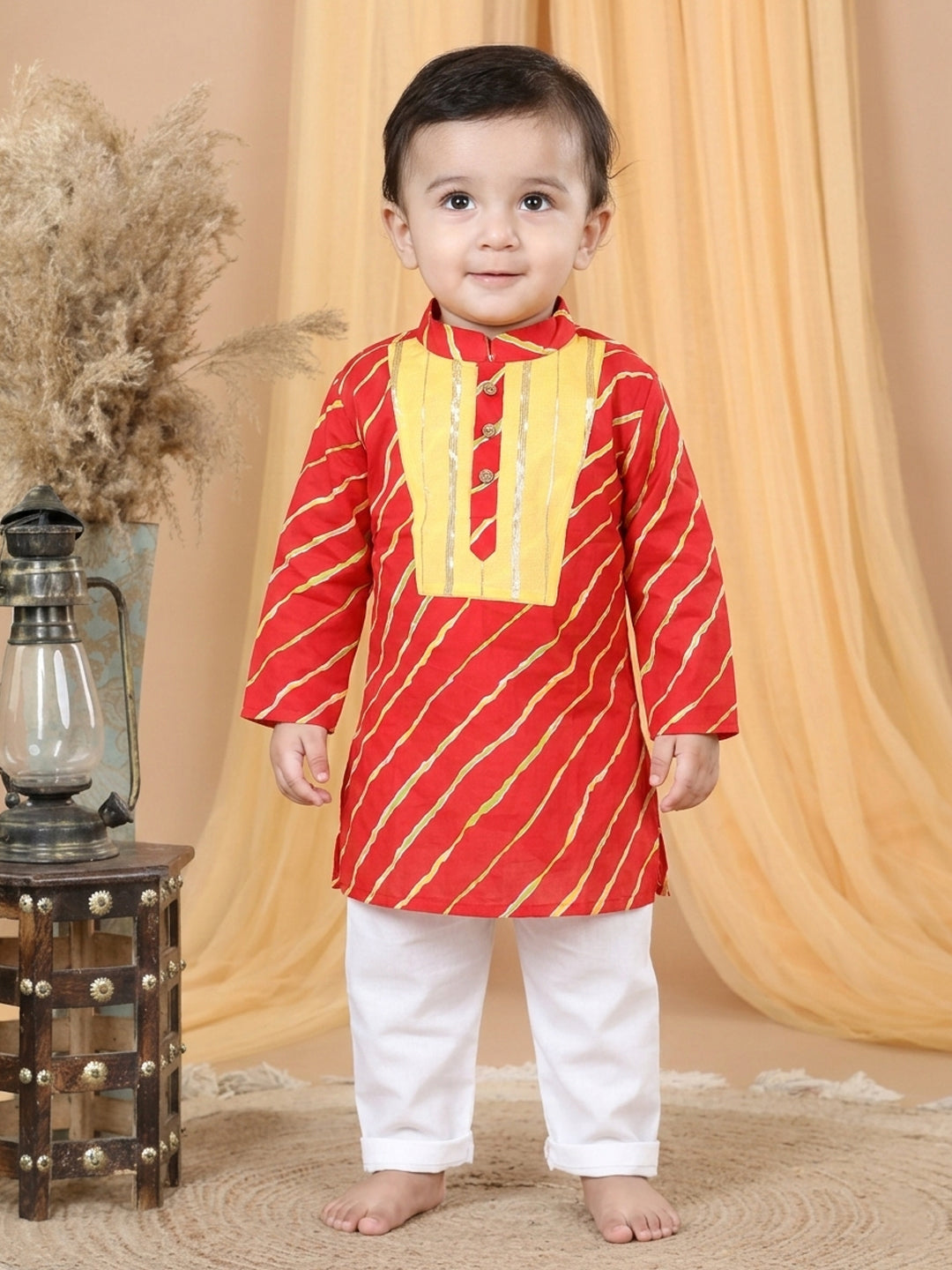Cotton Leheriya Kurta with  Patch Detailing & Pyjama Set