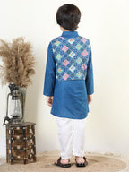 Blue Lurex Kurta with Floral Printed Jacket Set