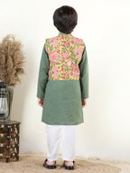 Green Katha Kurta with Yellow Floral Jacket Set