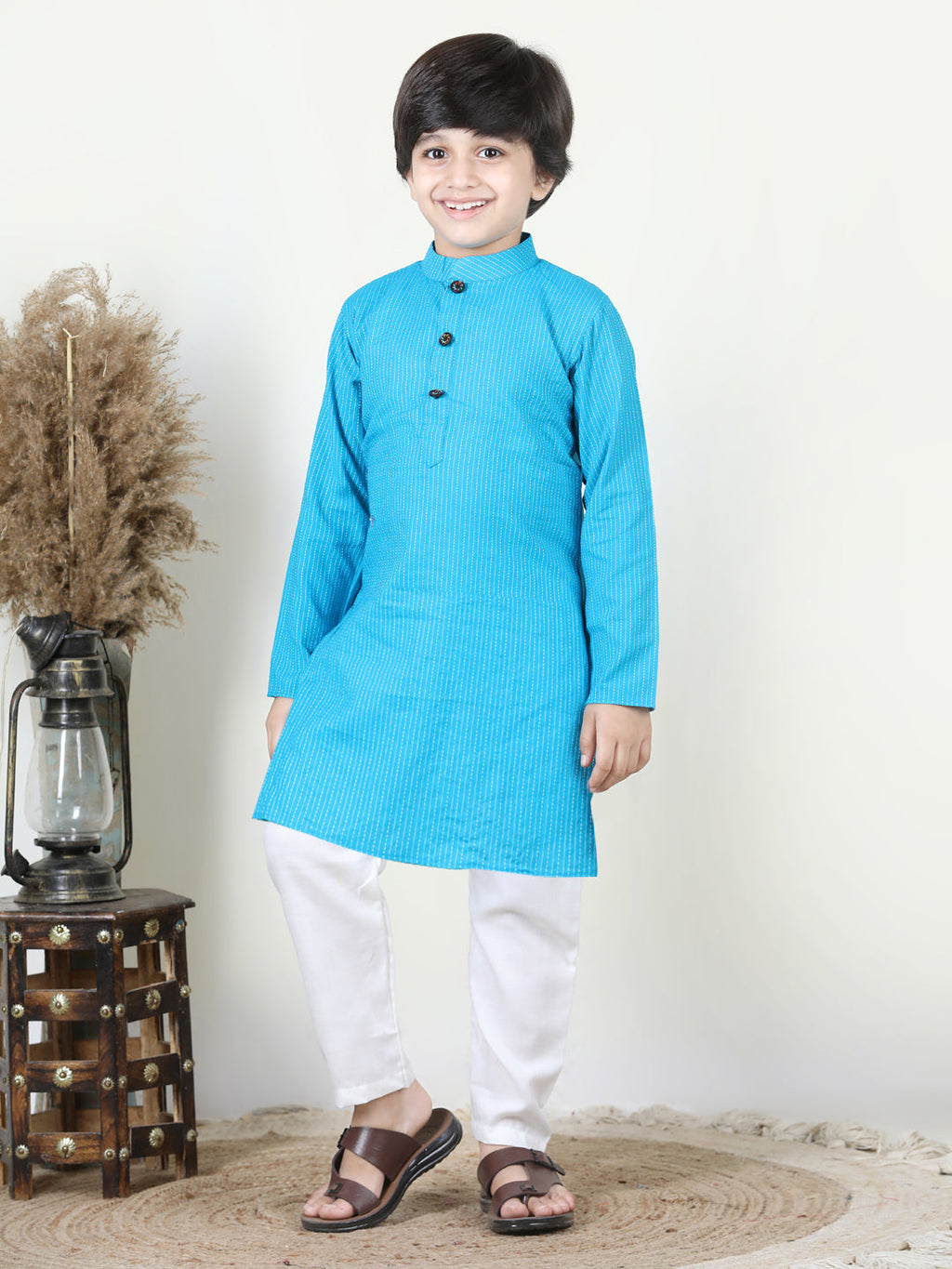 Blue Katha Kurta with Reversible Floral Jacket Set