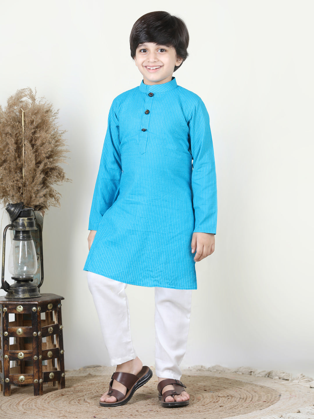 Blue Katha Kurta with Reversible Floral Jacket Set