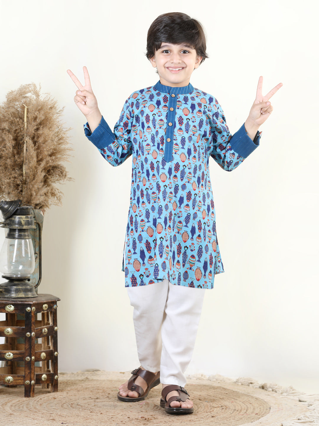 Blue Fish Print Kurta Set