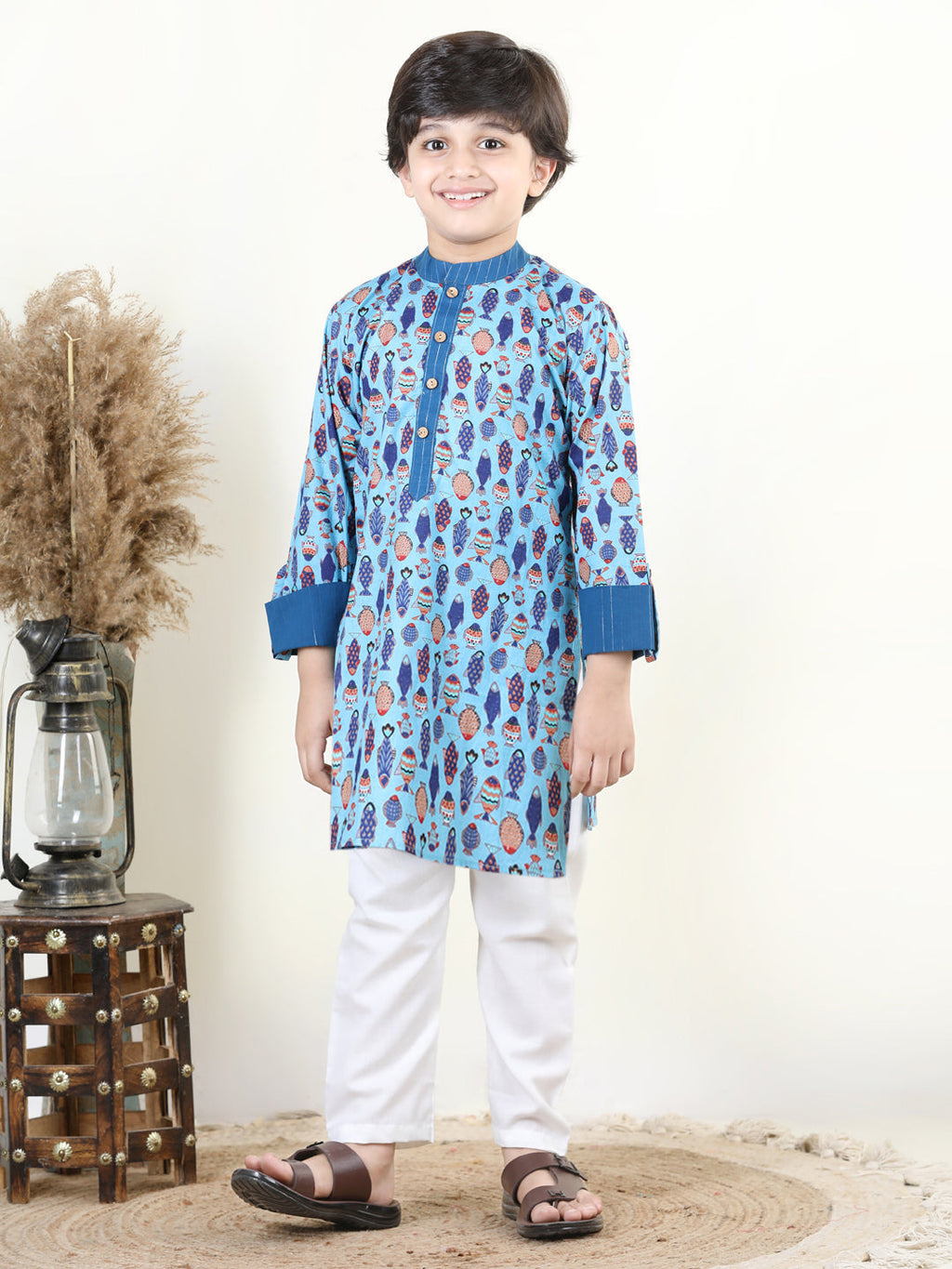 Blue Fish Print Kurta Set