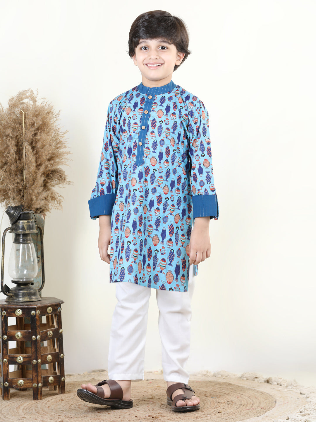 Blue Fish Print Kurta Set