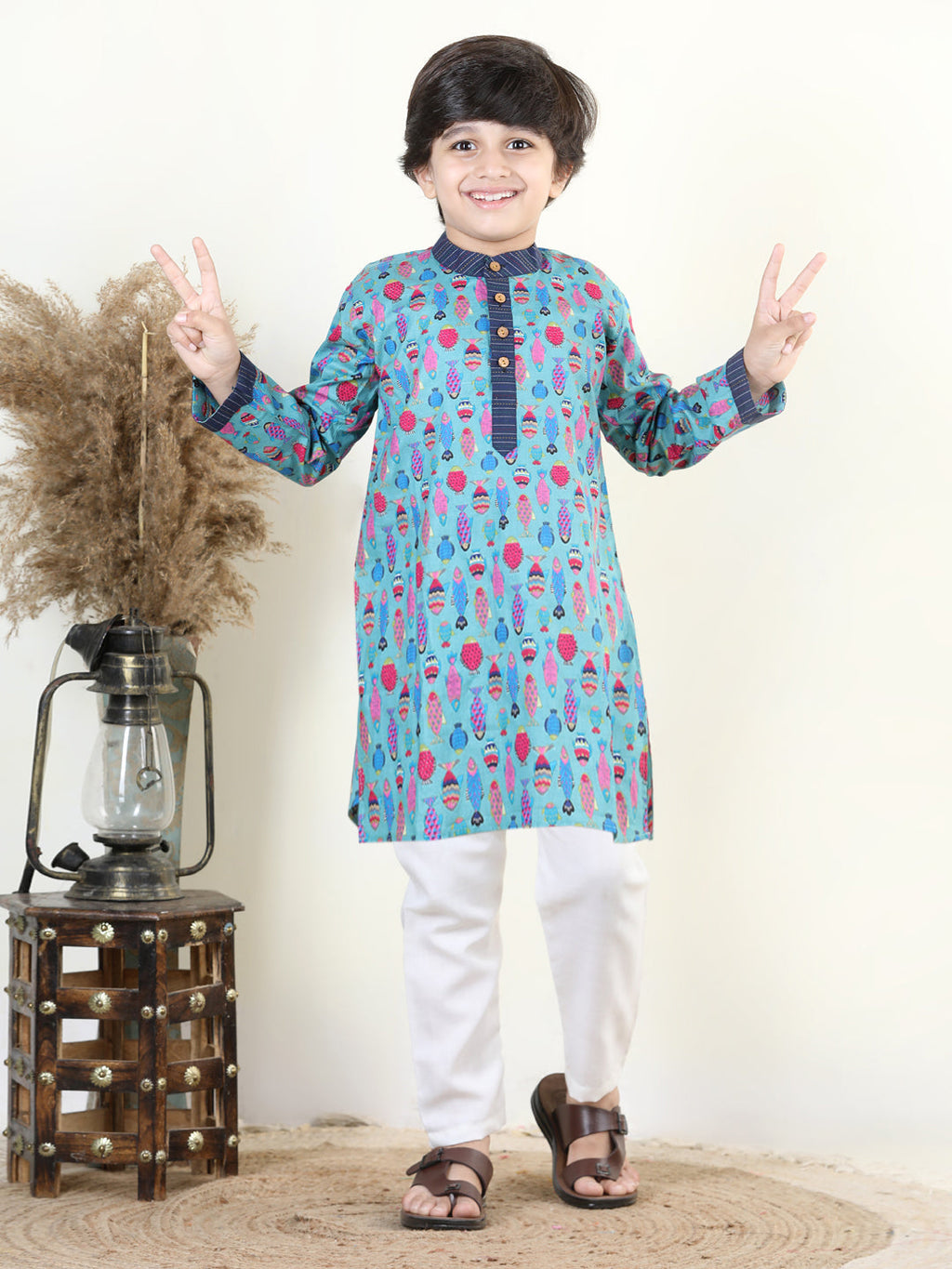 Blue Fish Print Kurta Set
