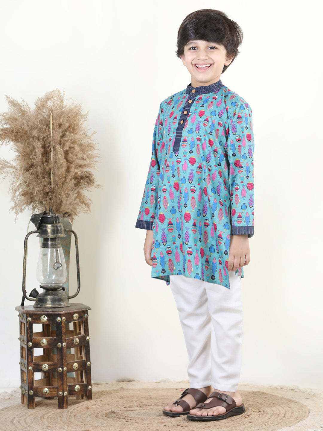Blue Fish Print Kurta Set