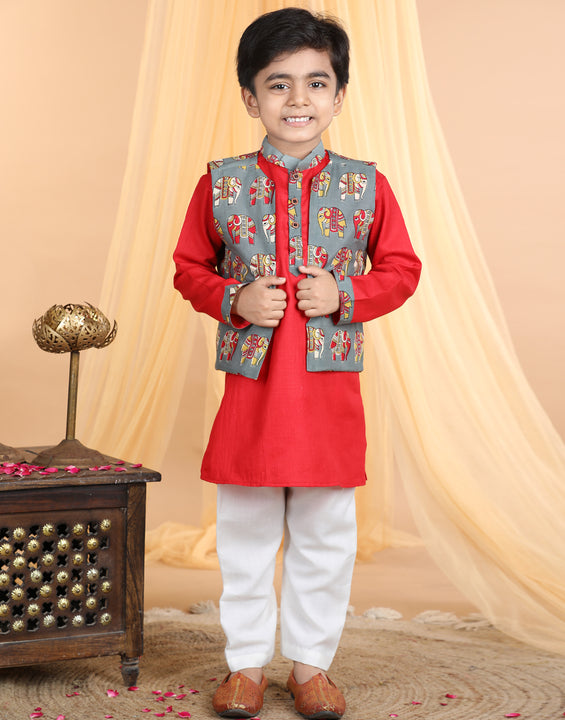 Red Kurta with elephant printed jacket Set