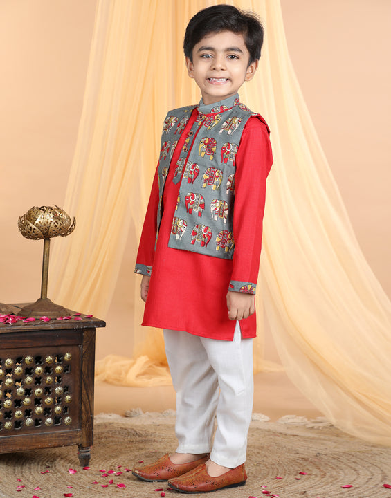 Red Kurta with elephant printed jacket Set