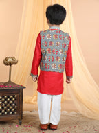 Red Kurta with elephant printed jacket Set