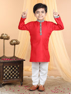Red Kurta with elephant printed jacket Set