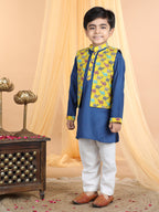 Blue Kurta with camel printed jacket Set