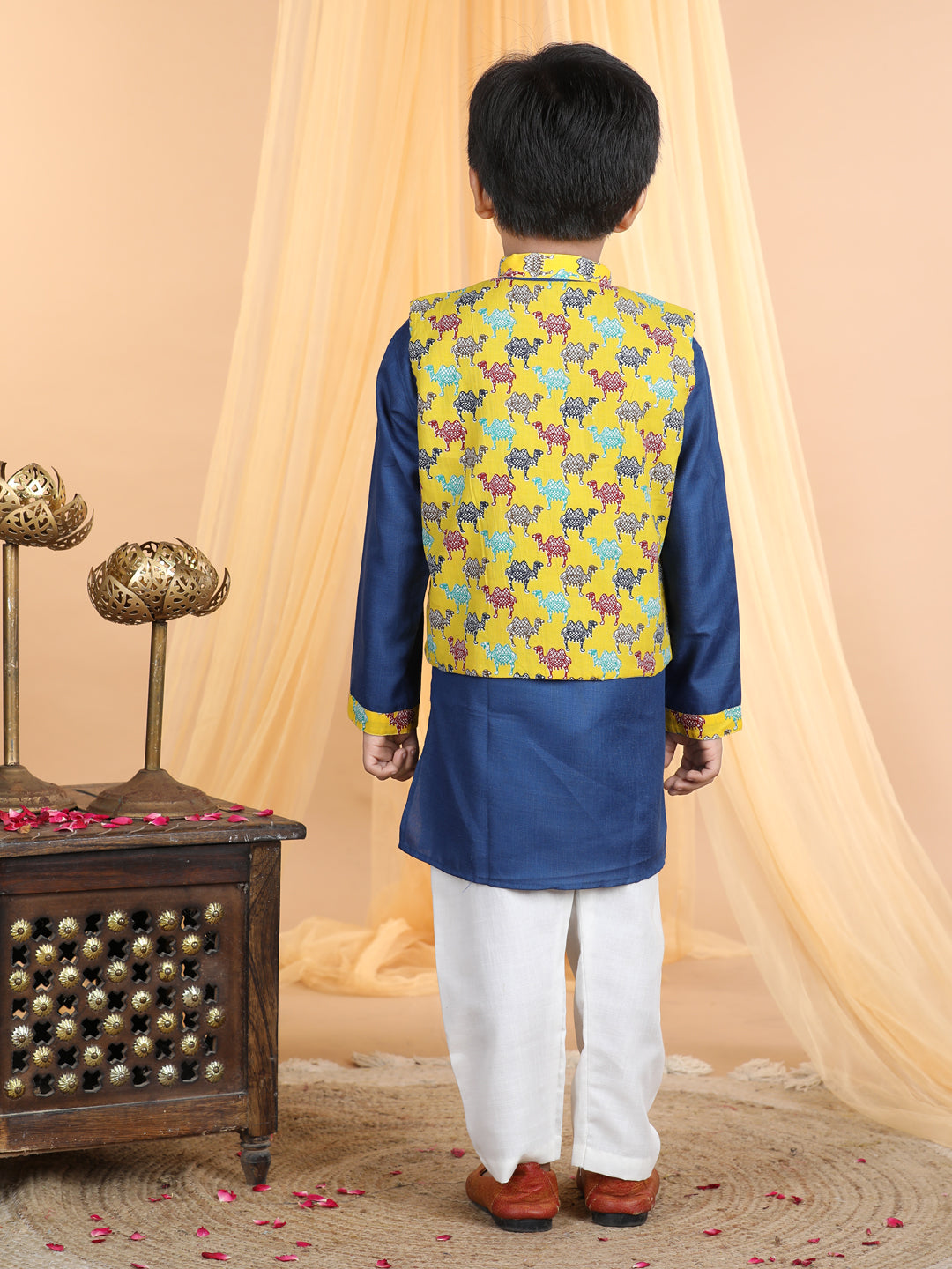 Blue Kurta with camel printed jacket Set
