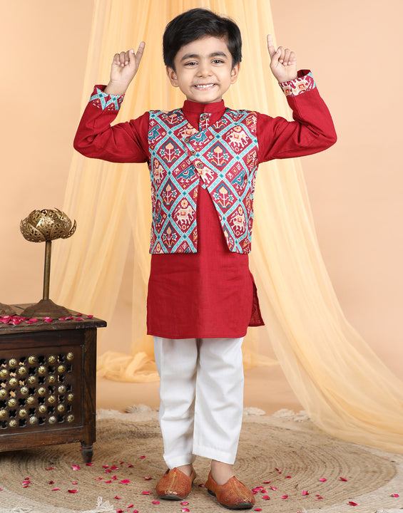 Red Kurta with patola printed jacket Set