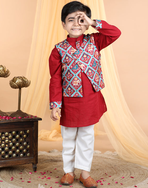 Red Kurta with patola printed jacket Set