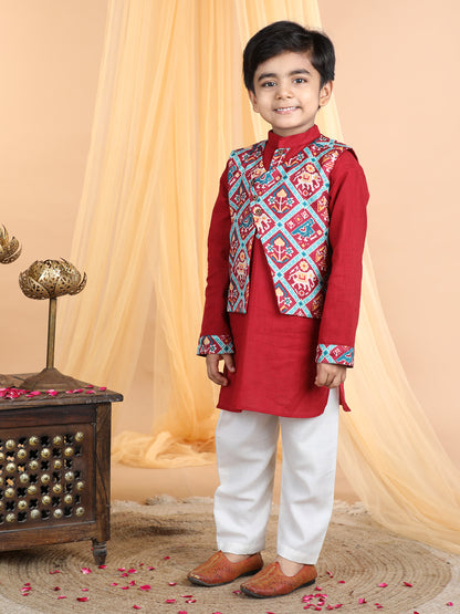 Red Kurta with patola printed jacket Set