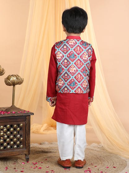 Red Kurta with patola printed jacket Set