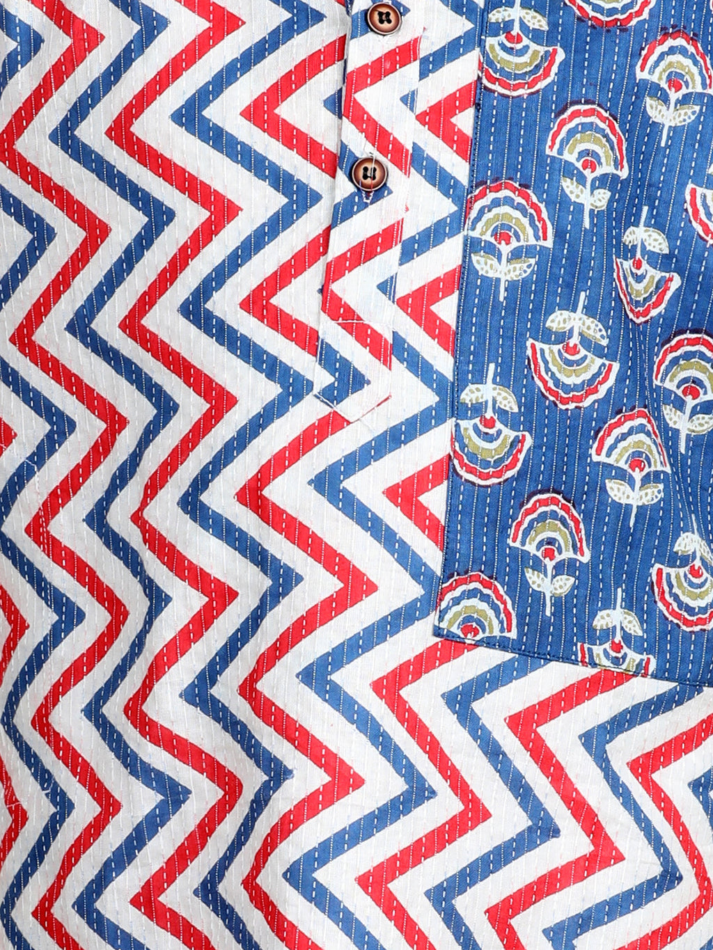 Blue & Red Zig Zag Kurta with floral patch Kurta Set