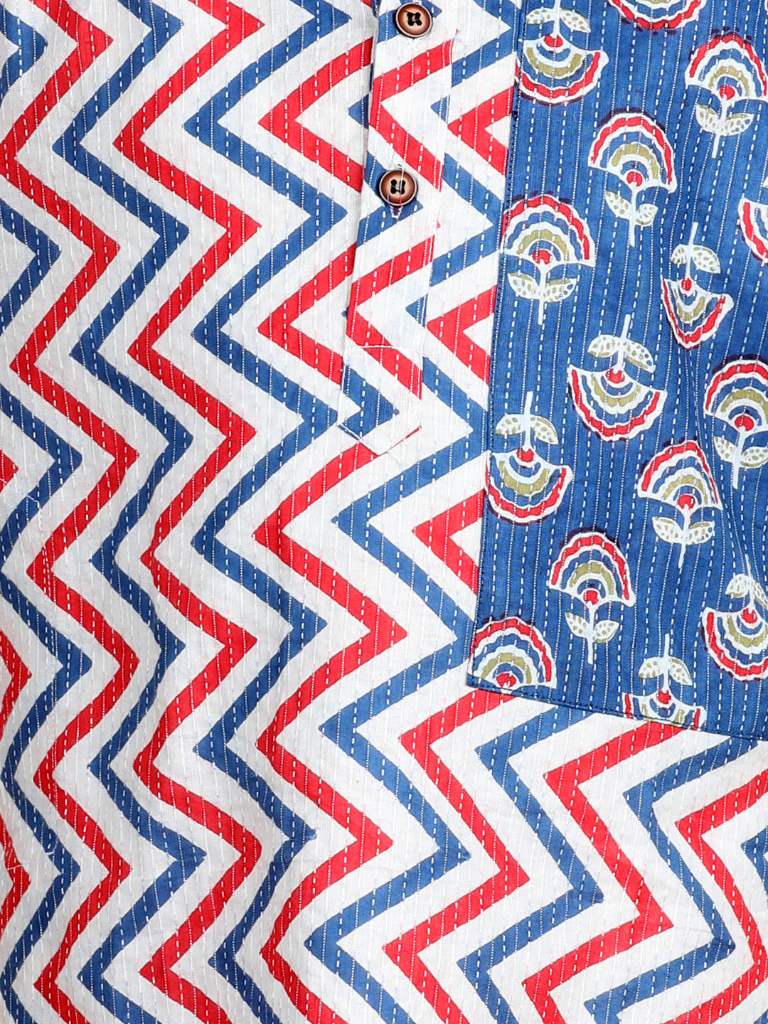 Blue & Red Zig Zag Kurta with floral patch Kurta Set