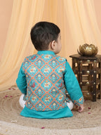 Green Boys Cotton Kurta, Pajama with Printed Jacket