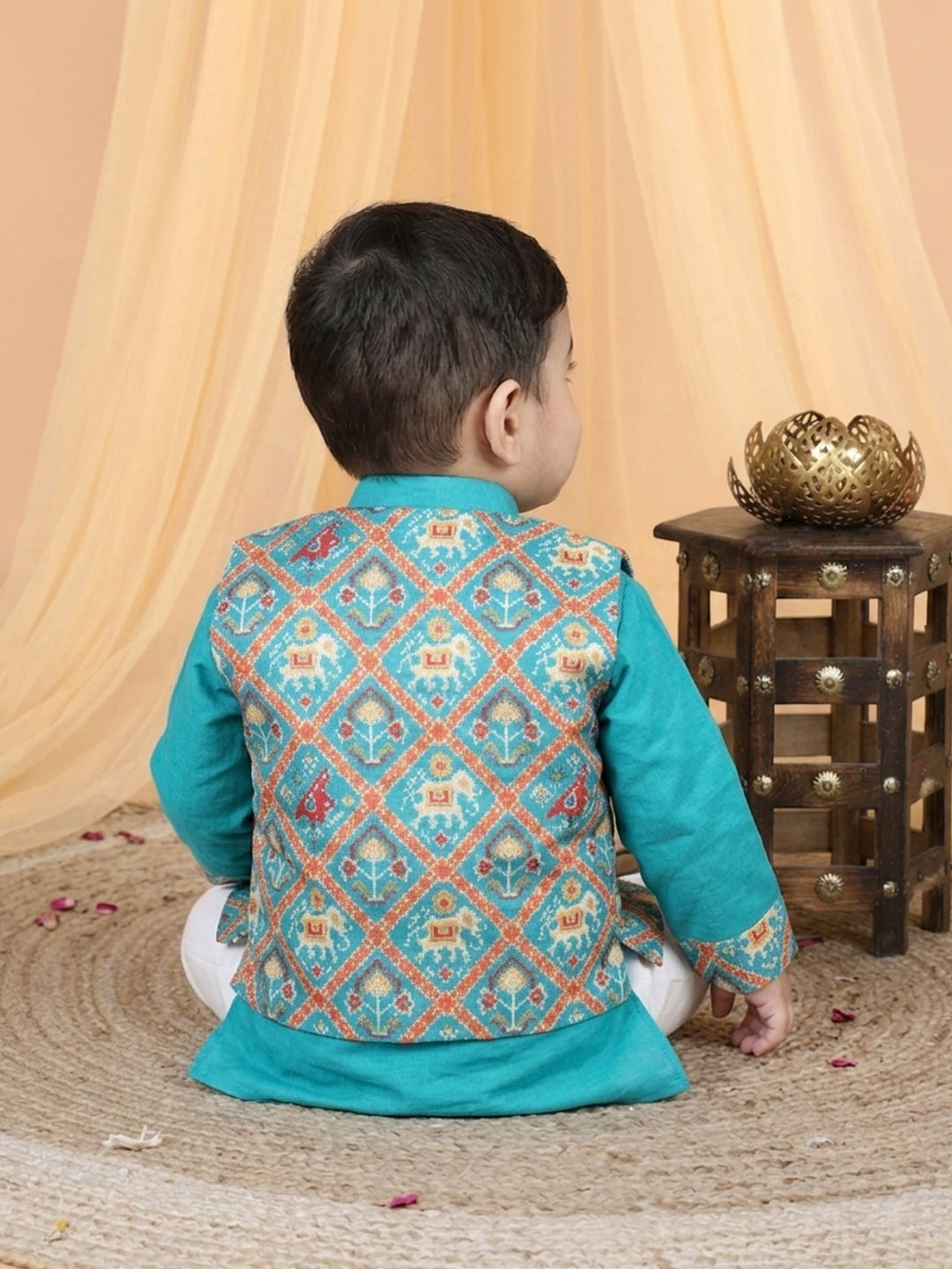 Green Boys Cotton Kurta, Pajama with Printed Jacket