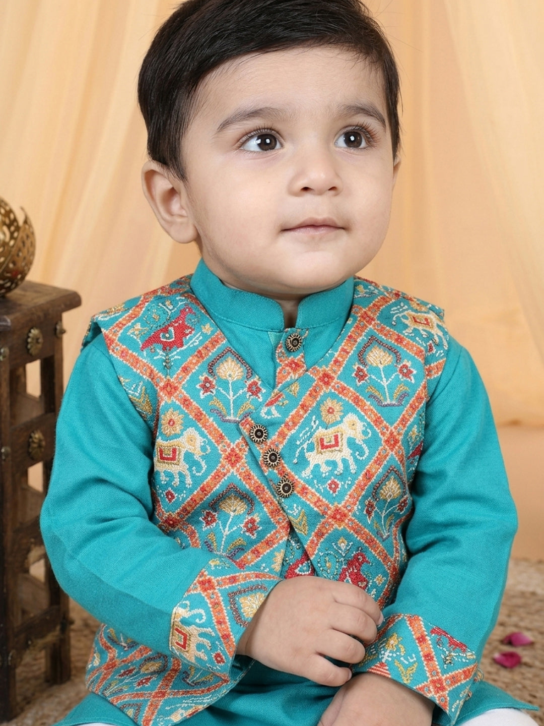 Green Boys Cotton Kurta, Pajama with Printed Jacket